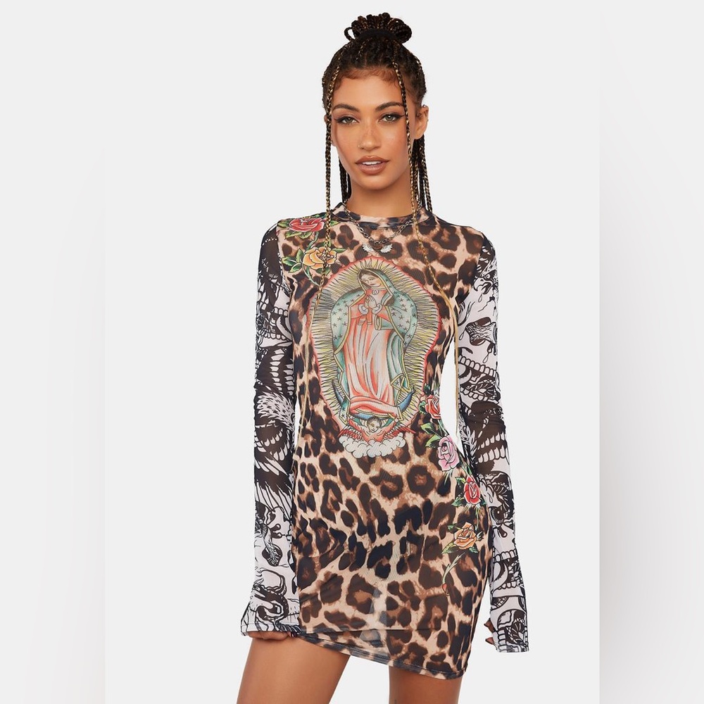 NWT Ed Hardy Leopard Print Virgin Mary Mesh Dress Sz 2x